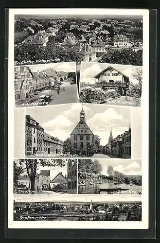 AK Grafenwöhr, Marktplatz mit Rathaus, Stadttor, Artl. Kaserne