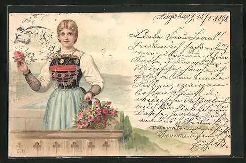 Lithographie Blondes Mädchen in bayerischer Tracht