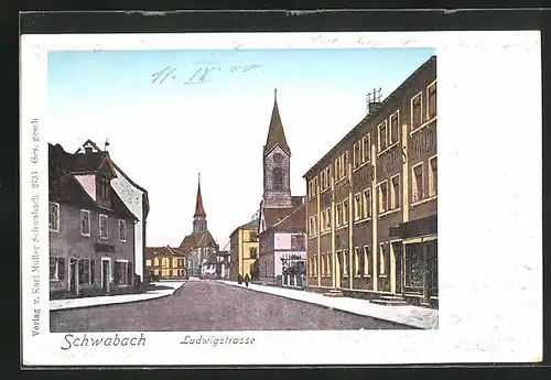 Goldfenster-AK Schwabach, Ludwigstrasse mit Blick auf Kirche