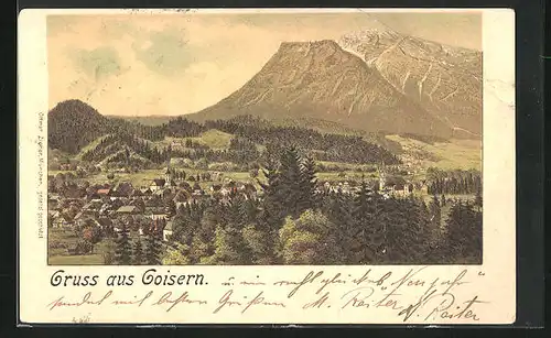 Lithographie Goisern, Blick über Ort und Berge