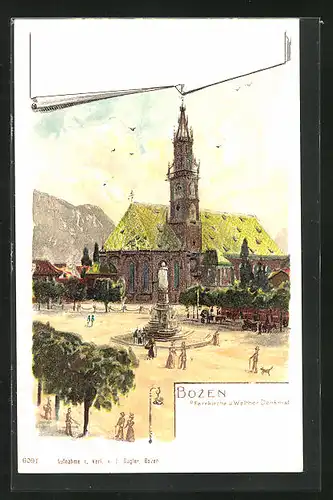 Lithographie Bozen, Pfarrkiche und Walther-Denkmal