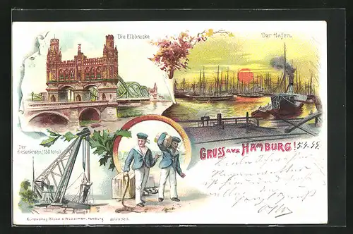 Lithographie Hamburg, Elbbrücke, Hafen bei Sonnenuntergang, Riesenkran