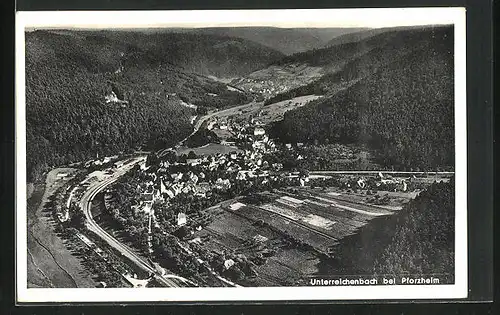 AK Unterreichenbach /Pforzheim, Ortsansicht aus der Vogelschau, Bahngleise