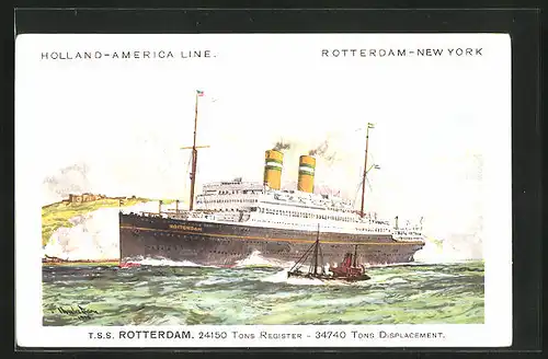 Künstler-AK Rotterdam, Passagierschiff T. S. S. Rotterdam vor der Küste, Rotterdam-New York