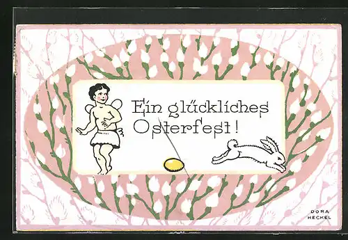 Künstler-AK Dora Heckel: Elf und Osterhase mit Kätzchenzweigen, Osterfest