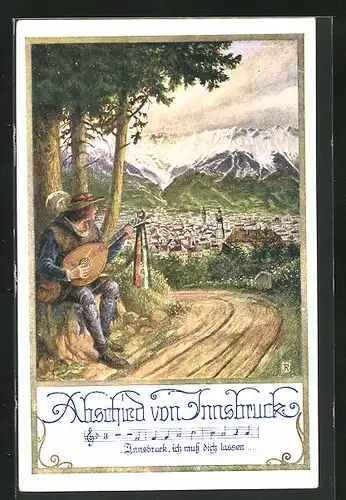 AK Deutscher Schulverein Nr. 942: Innsbruck, Strassenmusiker nimmt Abschied von der Stadt