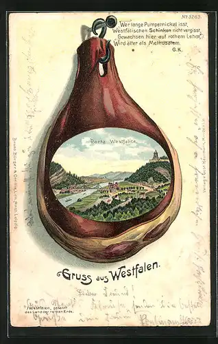 Passepartout-Lithographie Porta Westfalica, Ortsansicht im Schinken-Passepartout