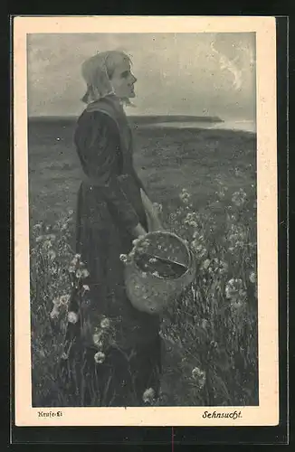 AK Sehnsucht, Frau auf einer Blumenwiese