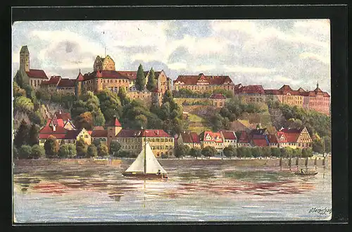 Künstler-AK Meersburg /Bodensee, Seegelboot vor der Stadt