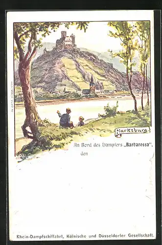 Künstler-AK sign. F. von Wille: Braubach, Rheinpartie mit Burgruine Marksburg