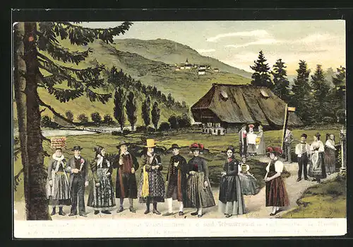 AK Schwarzwälder Tracht, Brautpaar aus St. Georgen, Elzthal. Volkstrachten a. d. Bad. Schwarzwald, Kinzigthal