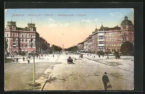 AK Budapest, Blick entlang der Andrássystrasse und Rundau