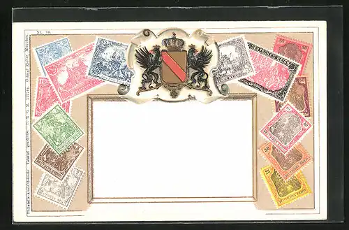 Präge-Lithographie Briefmarken von Deutschland verschiedener Werte, goldenes Wappen mit zwei Adlern