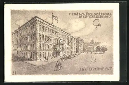 Künstler-AK Budapest, Vadászkürt Szálloda, Hotel Jägerhorn