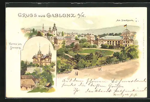 Lithographie Gablonz / Jablonec Nad Nisou, Partie am Stadtpark, Häuser am Steinberg