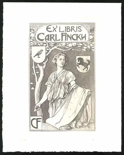 Exlibris Carl Finckh, Näherin mit Tuchstoff und Spindel in der Hand, WAppen Volge udn Pferd