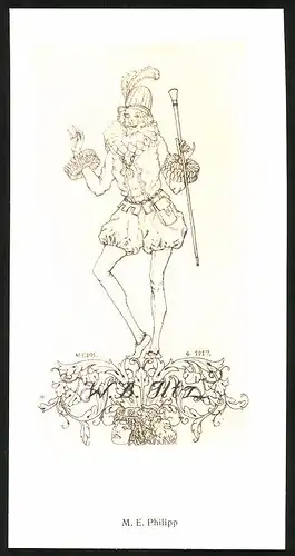 Exlibris M. E. Philipp, Theaterschauspieler posiert wie eine zierliche Frau