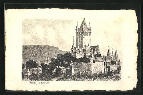 Künstler-AK Cochem, Ortspartie mit Burg