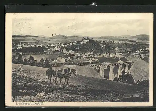 AK Daun /Eifel, Landarbeiter beim pflugen, Eisenbahn fährt über Viadukt