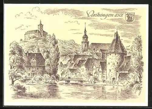 Künstler-AK Vaihingen /Enz, Flusspartie mit Häusern und Turm