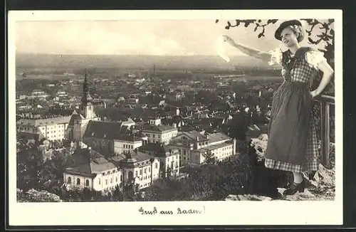 AK Baden, Totalansicht mit Kirche, Tracht