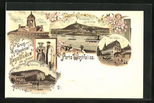 Lithographie Porta Westfalica, Hotel Kaiserhof, Hotel Grosser Kurfürst, Wittekindsberg