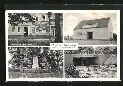 AK Hermsdorf, Gasthaus v. Ernst Hahn, Schule, Krieger-Denkmal