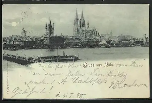 Mondschein-AK Köln, Blick über den Rhein zum Dom