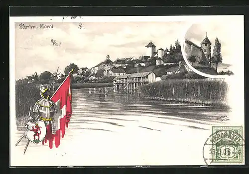 AK Murten, Uferpartie, Burg, Ritterrüstung mit Fahne