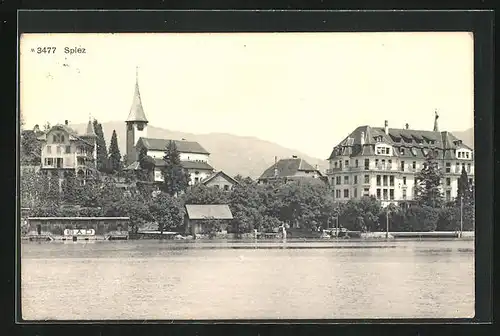 AK Spiez, Ortspartie am Wasser mit Kirche