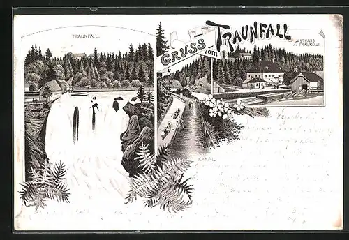 Vorläufer-Lithographie Roitham, 1895, Gasthaus am Traunfall, Kanal