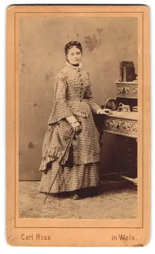 Fotografie Carl Riss, Wels, Burggarten 24, Portrait junge Frau im karierten Kleid mit Spazierstock am Sekretär