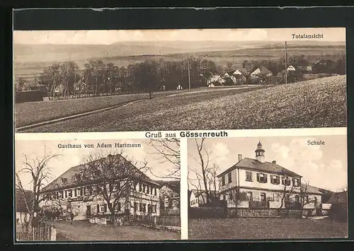 AK Gössenreuth, Gasthaus von Adam Hartmann, Shcule, Totalansicht