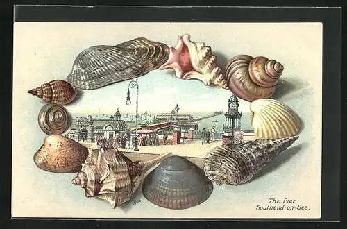 Passepartout-Lithographie Southend-on-Sea, Pier, Muschelkranz