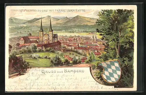 Lithographie Bamberg, Michaelsberg m. fränk. Jura Kette, Wappen