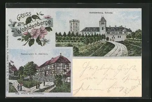 Seiden-Imitations-AK Wohldenberg, Restaurant E. Riechers, Schloss