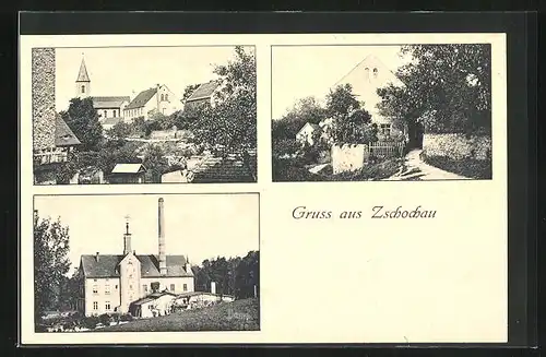 AK Zschochau, Haus mit Schornstein, Kirche und Familienhaus