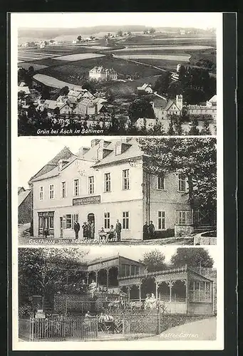 AK Grün b. Asch, Gasthaus zum blauen Engel, Kaffeegarten, Teilansicht der Ortschaft