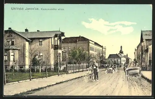 AK Uhlirské Janovice, Komenského ulice, Autos und Fahrrad