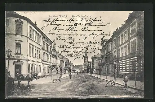 AK Landau, Blick in die Westbahnstrasse mit Restaurant Schark