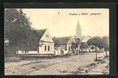 AK Cervene Janovice, Strassenpartie mit Kirche