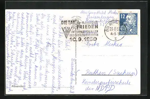 AK Propagandastempel DDR Internationaler Gedenk- und Friedenstag 10.9.1950