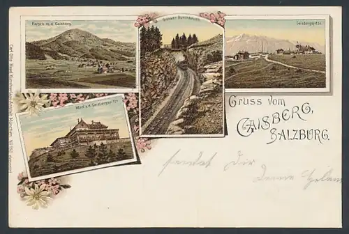 Lithographie Salzburg, Hotel auf der Gaisbergspitze, Eisenbahn im grossen Durchbruch