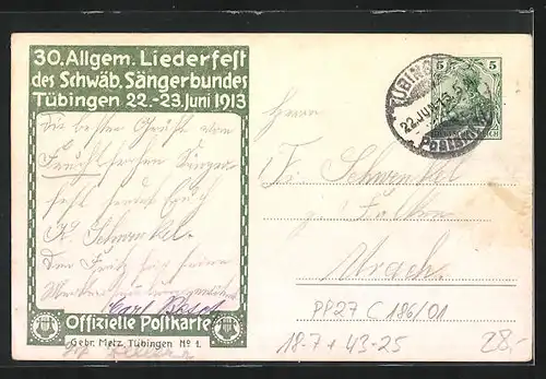 Künstler-AK Ganzsache PP27C186 /01: Tübingen, 30. Allgem. Sängerfest des schwäb. Sängerbundes 1913