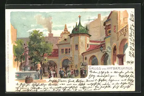 Lithographie München, Münchner Hofbräuhaus mit Brunnen