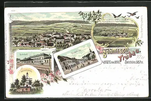 Lithographie Böhmisch Trübau, K. k. priv. Baumwollspinnerei Pollack`s Söhne, Bahnhof, Stadtplatz