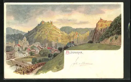 Lithographie Altenahr, Teilansicht mit Burgruine