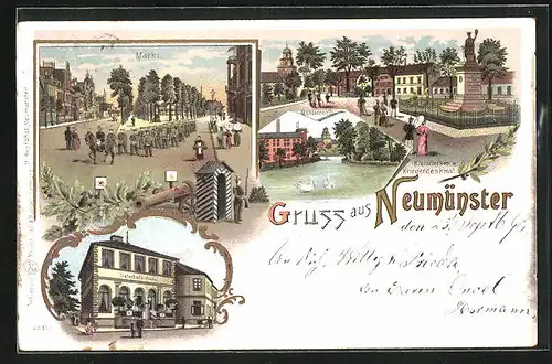 Lithographie Neumünster, Bahnhofs-Hotel, Kleinflecken mit Kriegerdenkmal, Markt