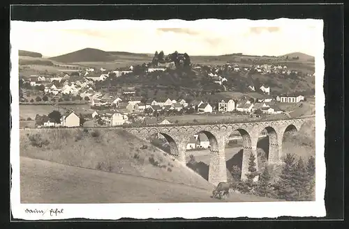 AK Daun / Eifel, Ortsansicht mit Eisenbahnviadukt