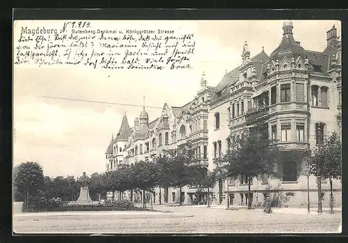 AK Magdeburg, Gutenberg-Denkmal und Königgrätzer Strasse